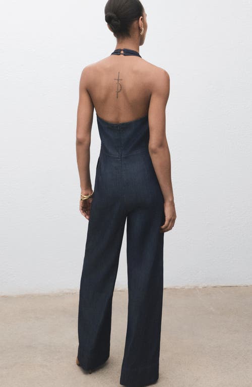 Mango Denim Halter Jumpsuit In Blue