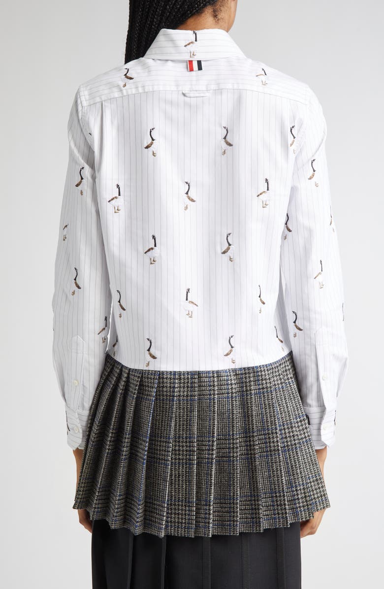 Thom Browne Geese Embroidered Stripe Button-Down Shirt, Alternate, color, Medium Grey