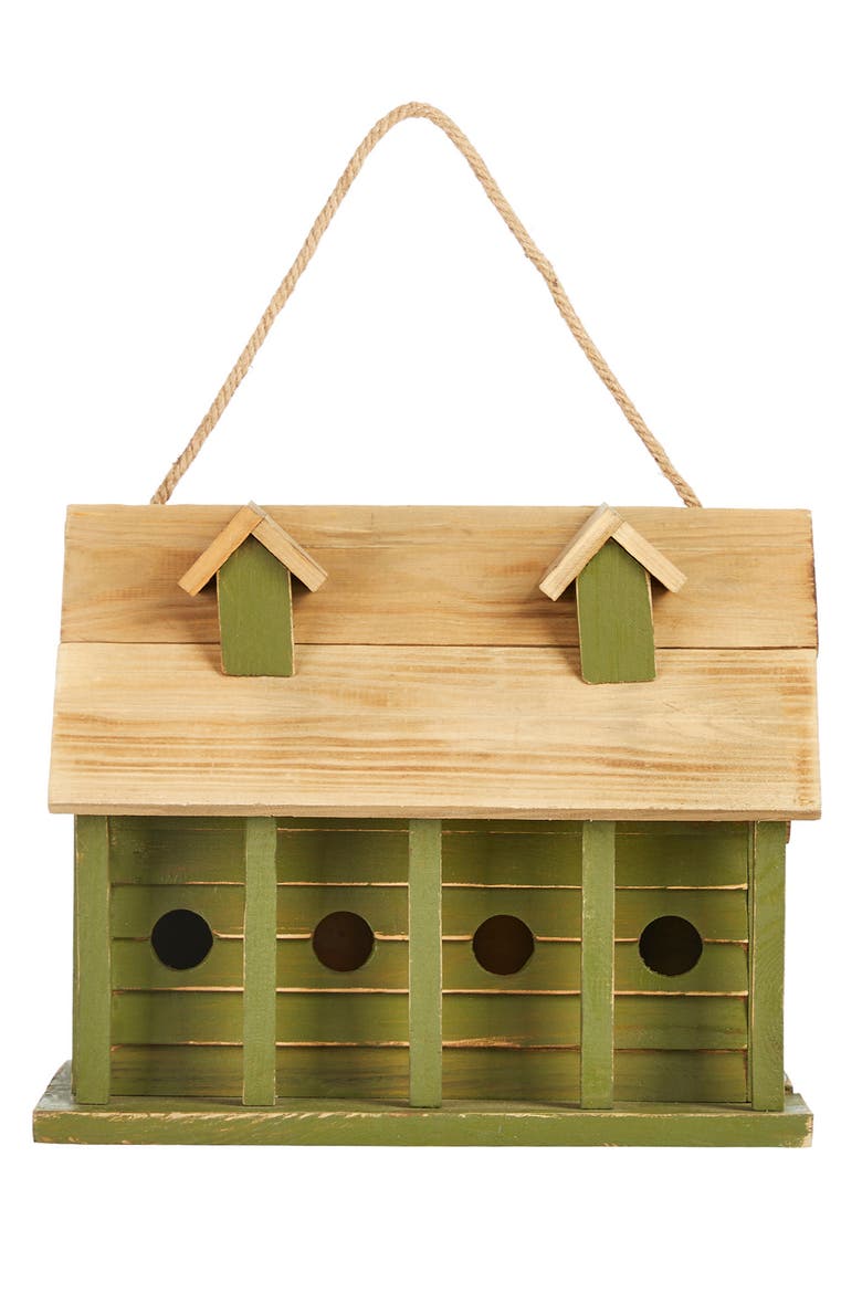 14.25"L Oversized Distressed Solid Wood Cottage Birdhouse with Natural Wood Roof, Alternate, color, Green