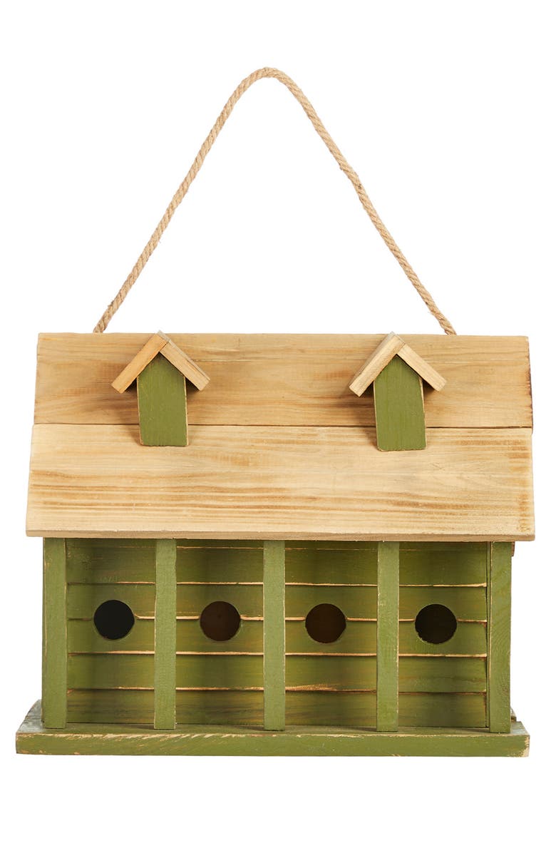 Glitzhome 14.25"L Oversized Distressed Solid Wood Cottage Birdhouse with Natural Wood Roof, Alternate, color, Green