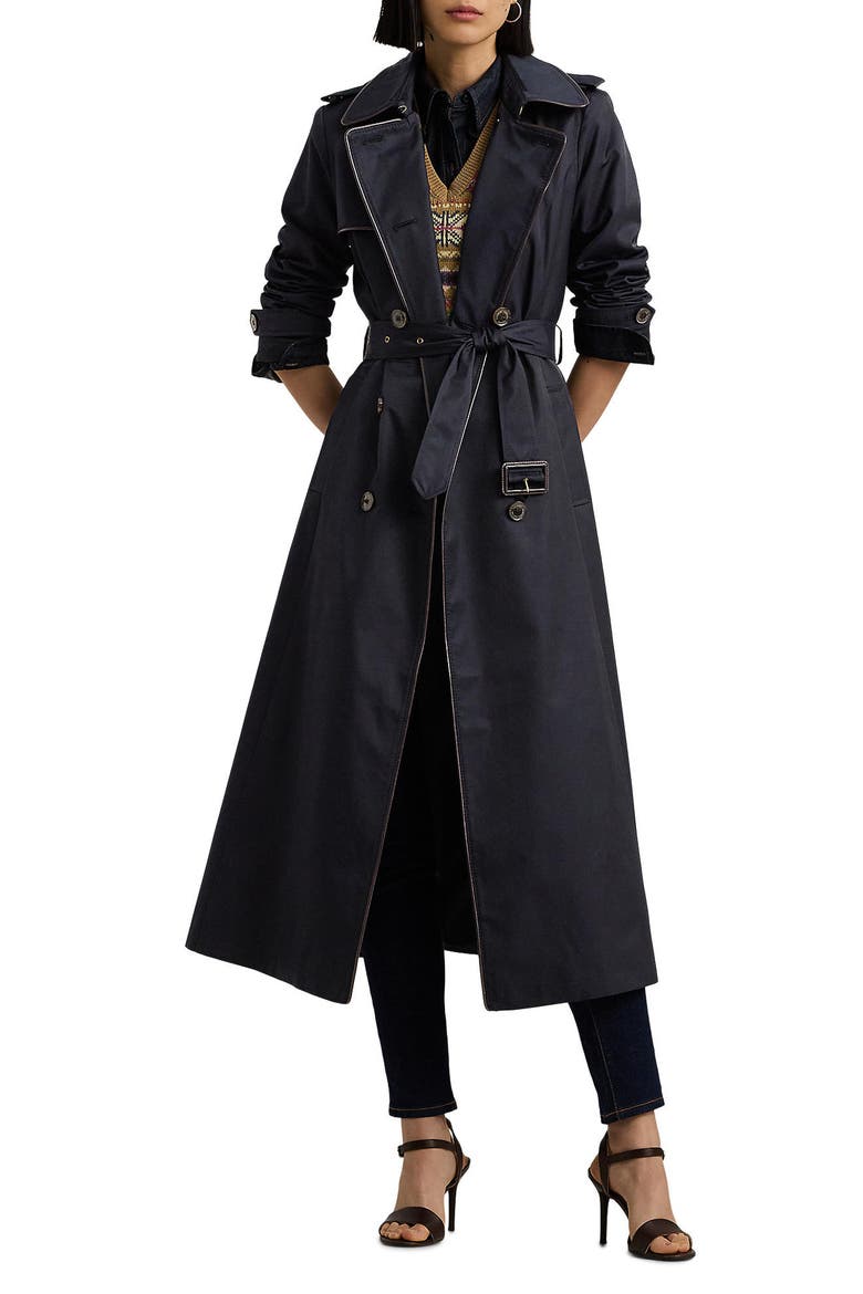 Double Breasted Belted Water Repellent Trench Coat, Main, color, DK NAVY