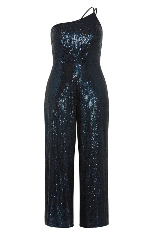 City Chic Savanna Sequin One-shoulder Jumpsuit In Petrol