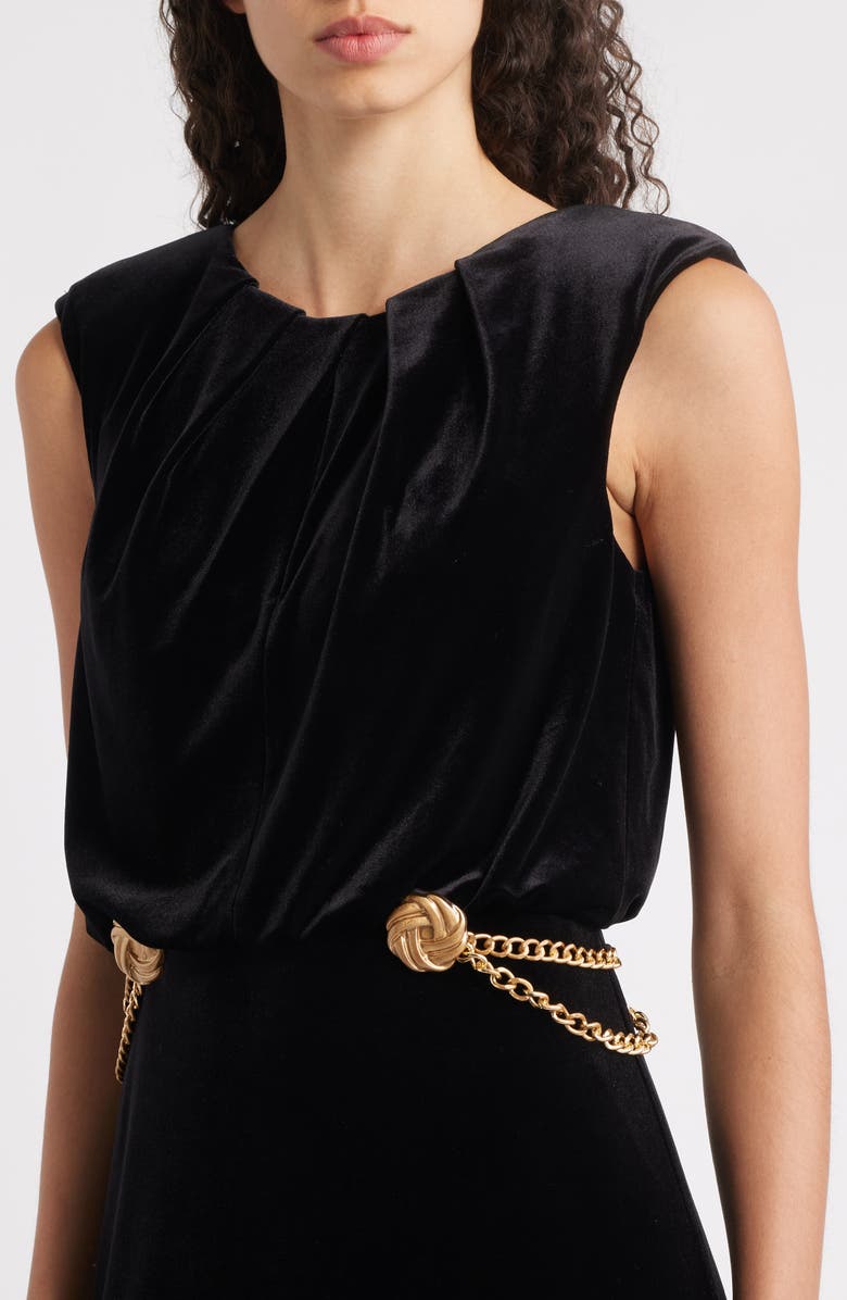 Vince Camuto Chain Detail Draped Velvet Gown, Alternate, color, Black