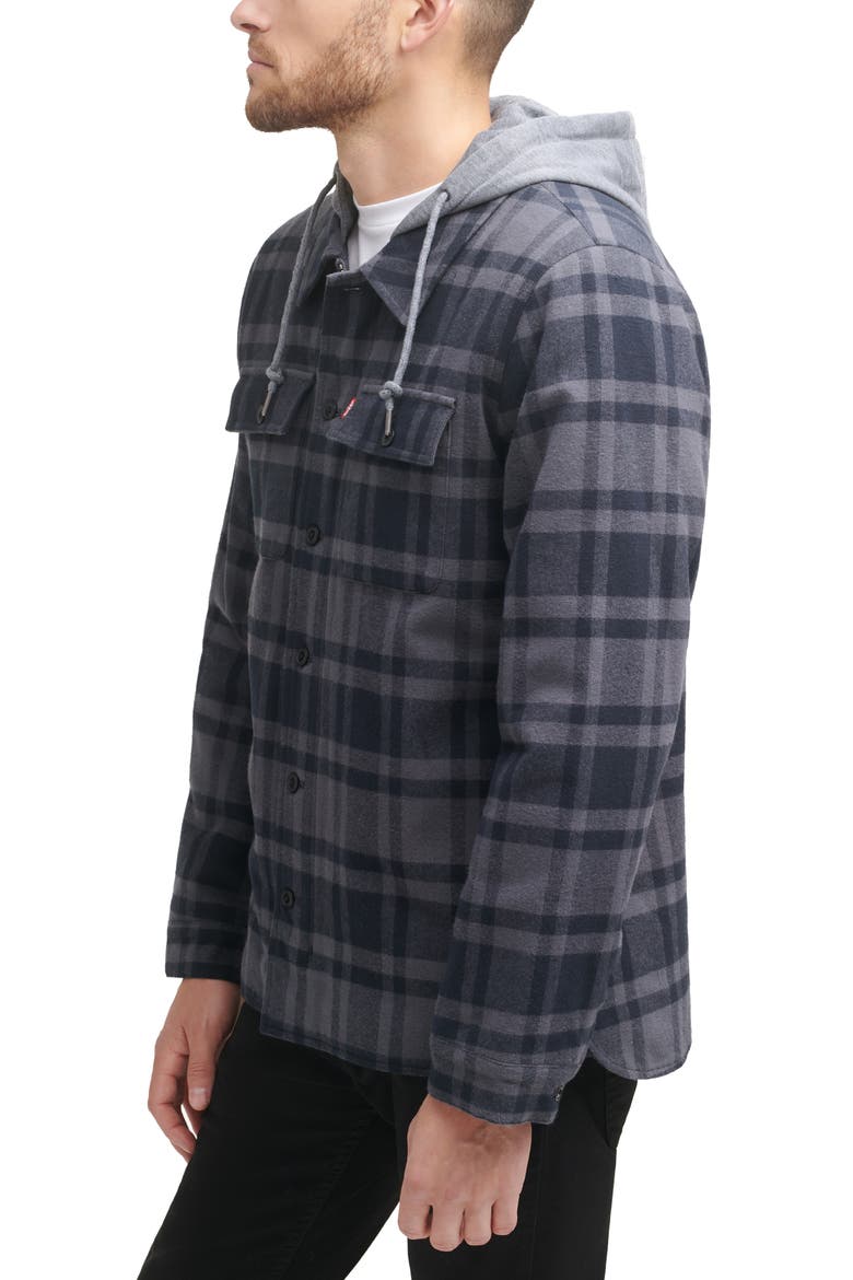 Plaid Faux Shearling Lined Jersey Hood Shirt Jacket, Alternate, color, GREY/NAVY PLAID