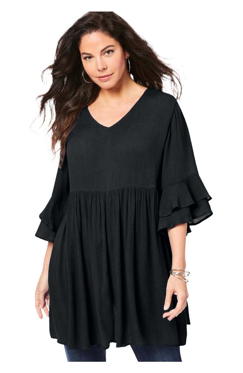 Roaman's Hand Crinkled Flutter Sleeve Tunic, Main, color, Black