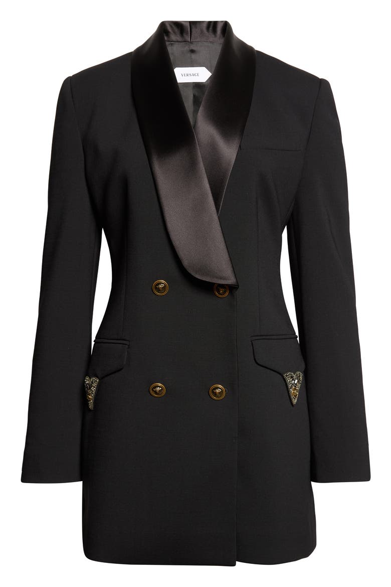 Satin Trim Stretch Wool Jacket Minidress, Main, color, BLACK