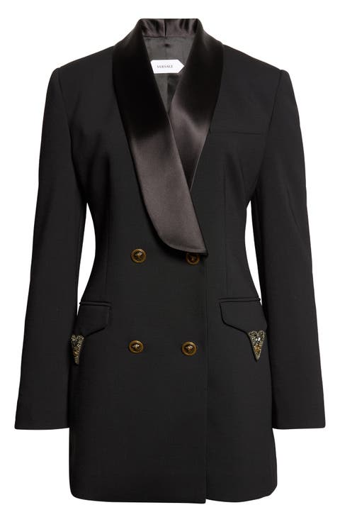 Satin Trim Stretch Wool Jacket Minidress