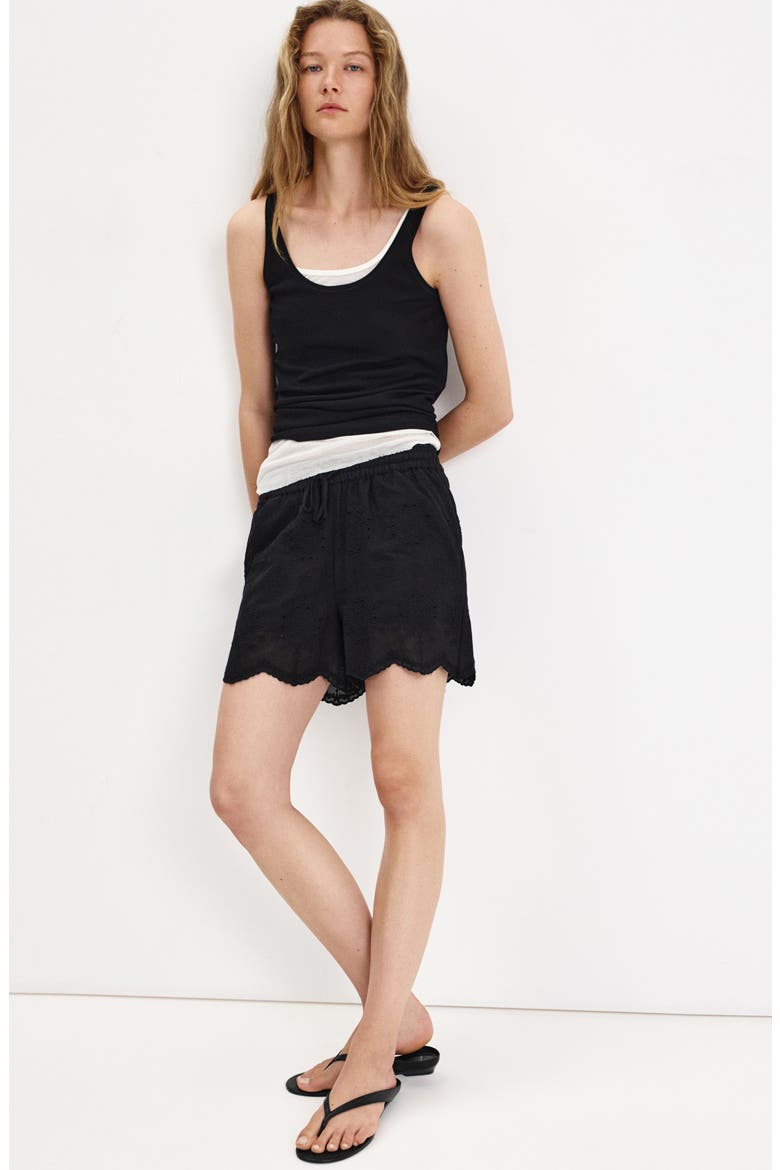 Scalloped Eyelet Cotton Shorts, Alternate, color, BLACK