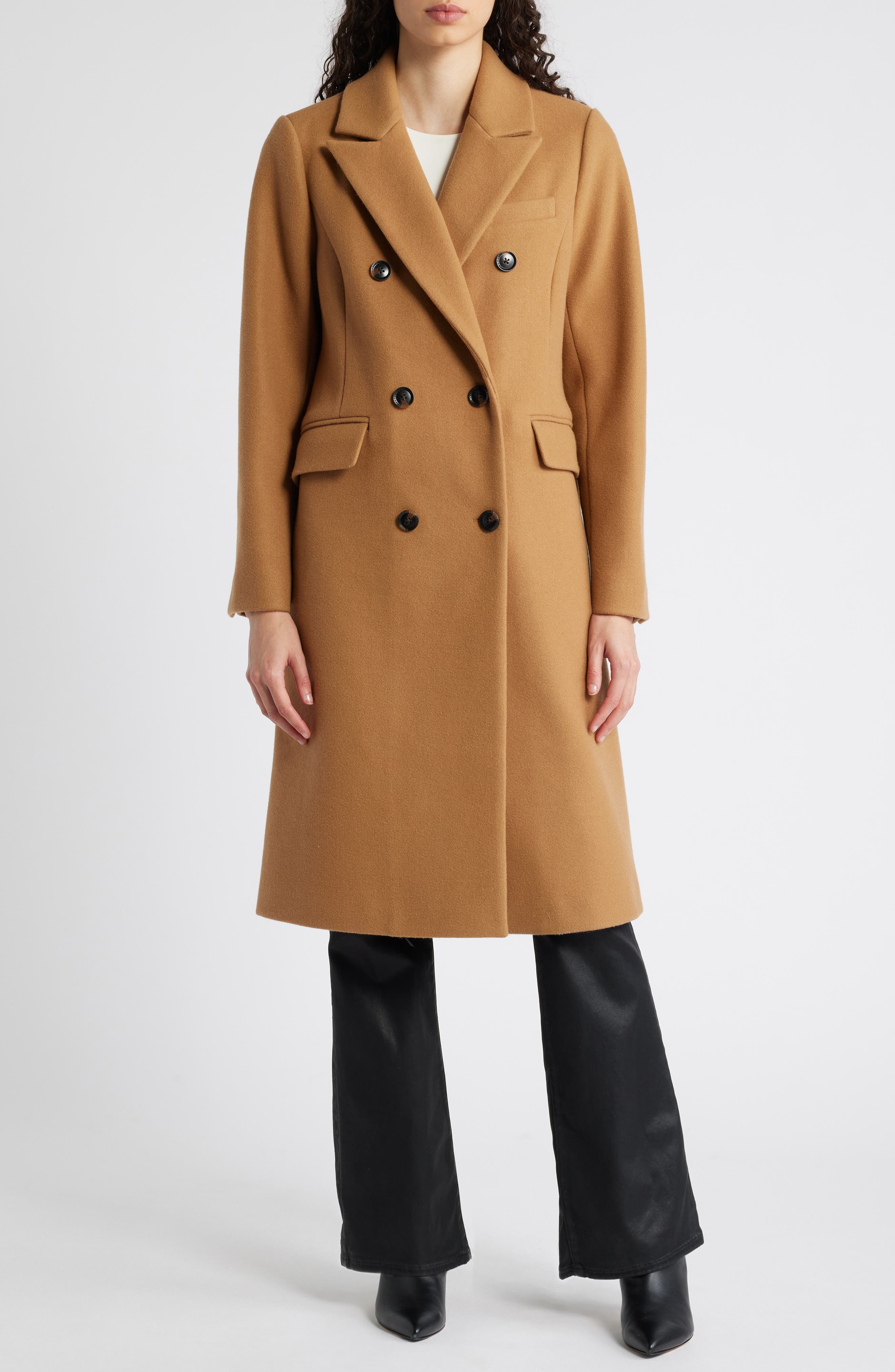 bcbg Slim Fit Double Breasted Coat in Camel 