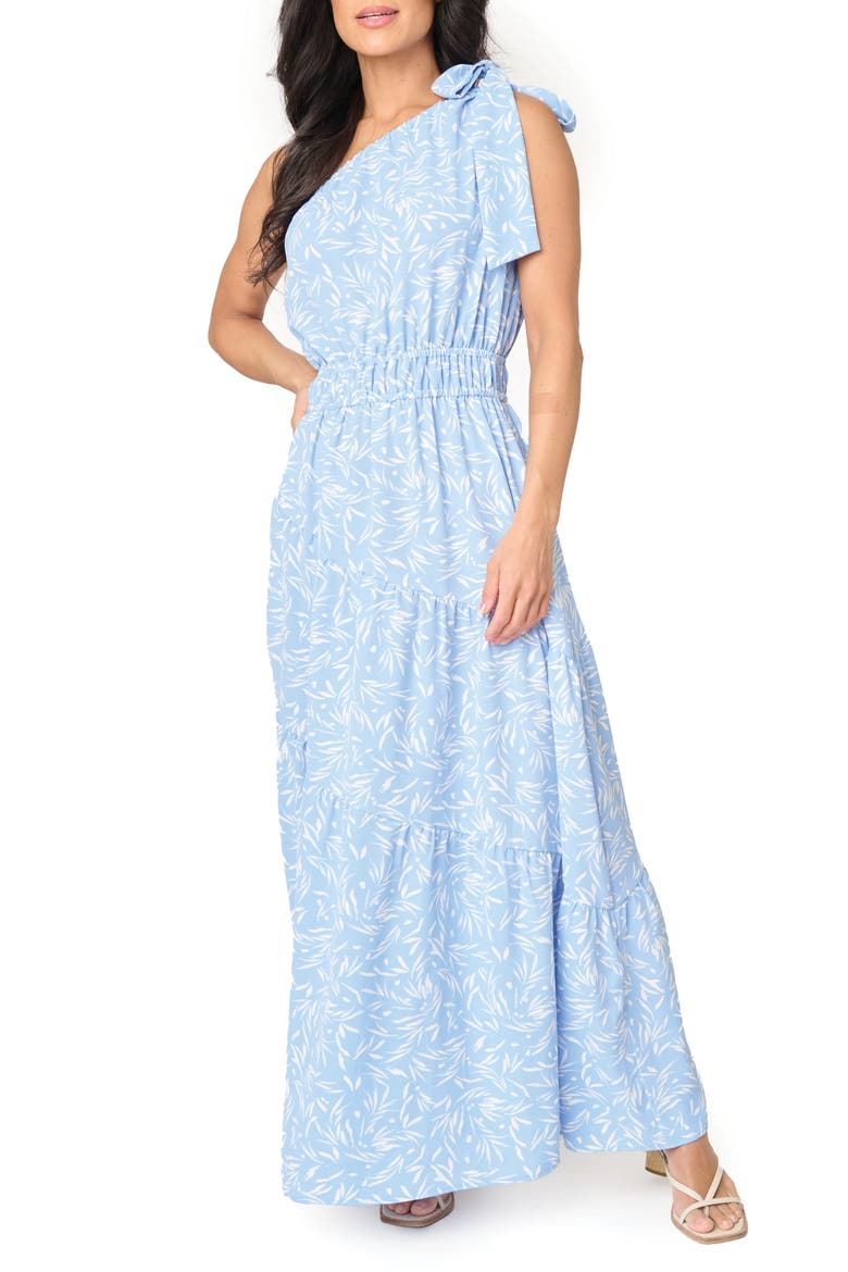 Maya One-Shoulder Asymmetric Tiered Maxi Dress, Main, color, POWDER BLUE PRINT