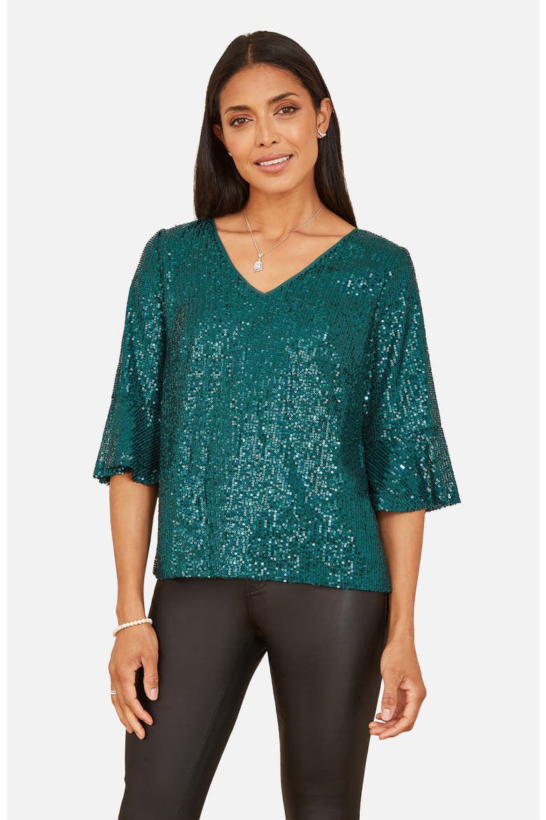 Fluted Sleeve Sequin Top, Main, color, Green
