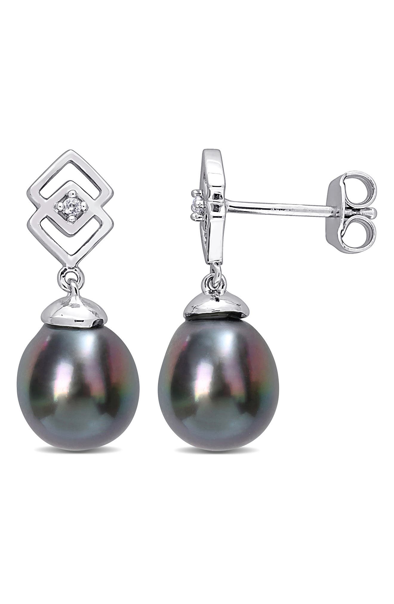 DELMAR Sterling Silver 8-9mm Black Tahitian Cultured Pearl White Topaz Drop Earrings