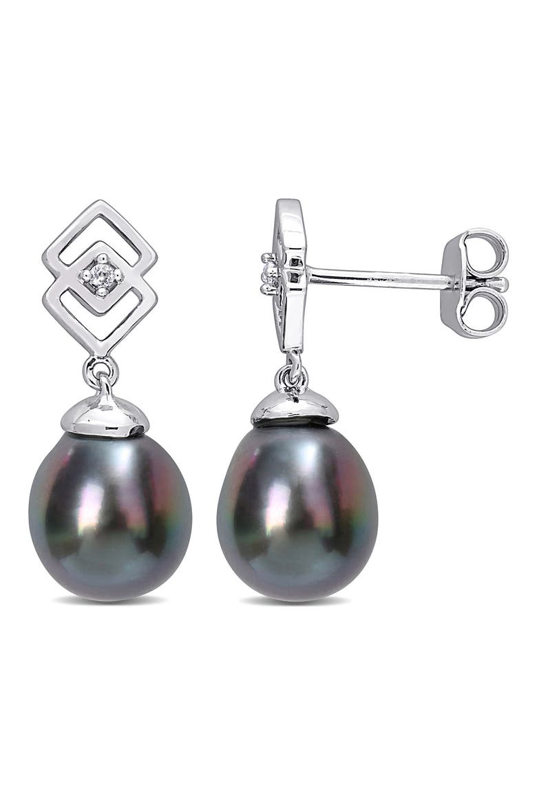 Sterling Silver 8-9mm Black Tahitian Cultured Pearl White Topaz Drop Earrings, Main, color, BLACK