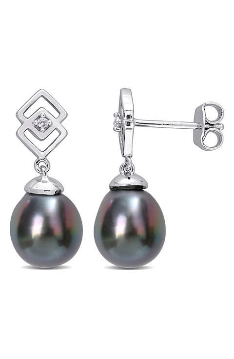 Sterling Silver 8-9mm Black Tahitian Cultured Pearl White Topaz Drop Earrings