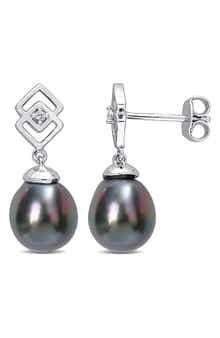 DELMAR Sterling Silver 8-9mm Black Tahitian Cultured Pearl White Topaz Drop Earrings