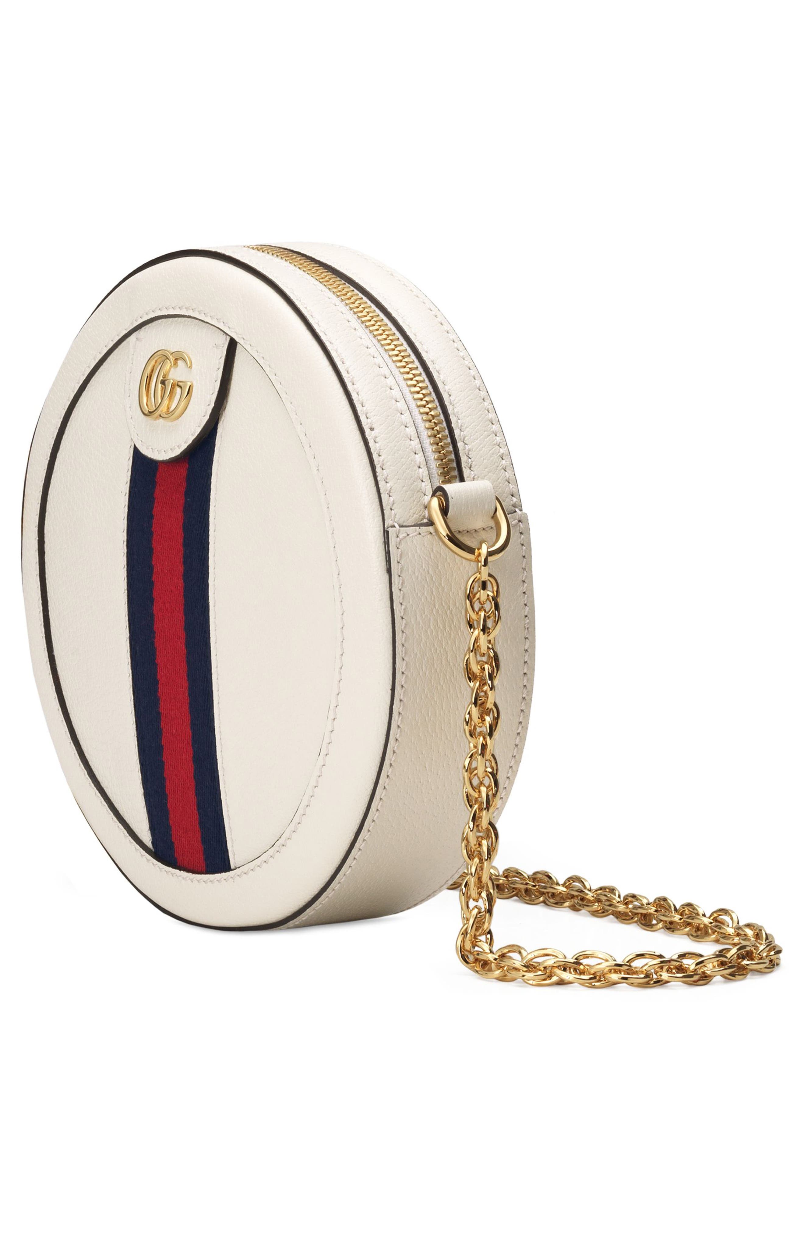 Mini Ophidia Round Leather Bag, Alternate, color, MYSTIC WHITE/ BLUE RED BLUE