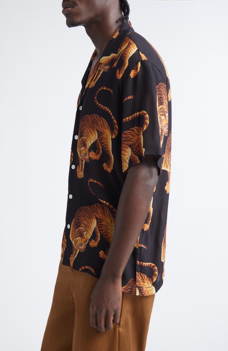 ENDLESS JOY Tiger Print Crepe Camp Shirt, Alternate, color, Black