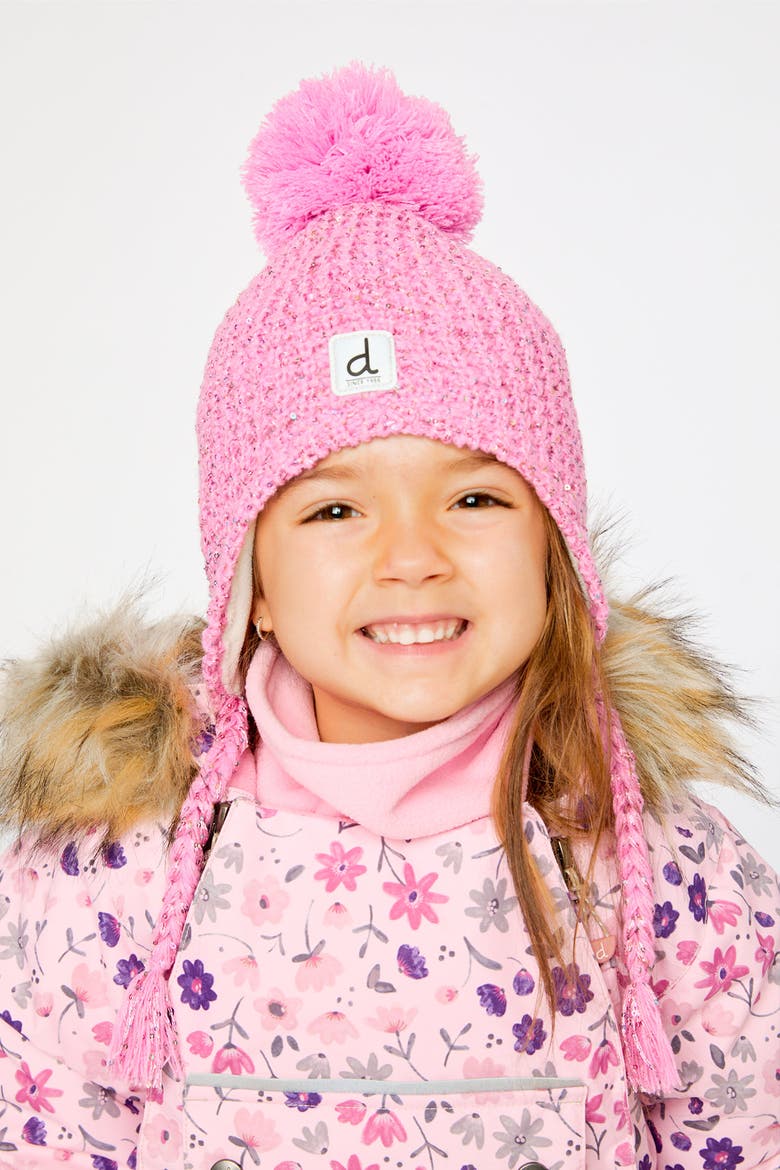 Winter Peruvian Marled Fleece-Lined Pompom Knit Hat, Alternate, color, Pink
