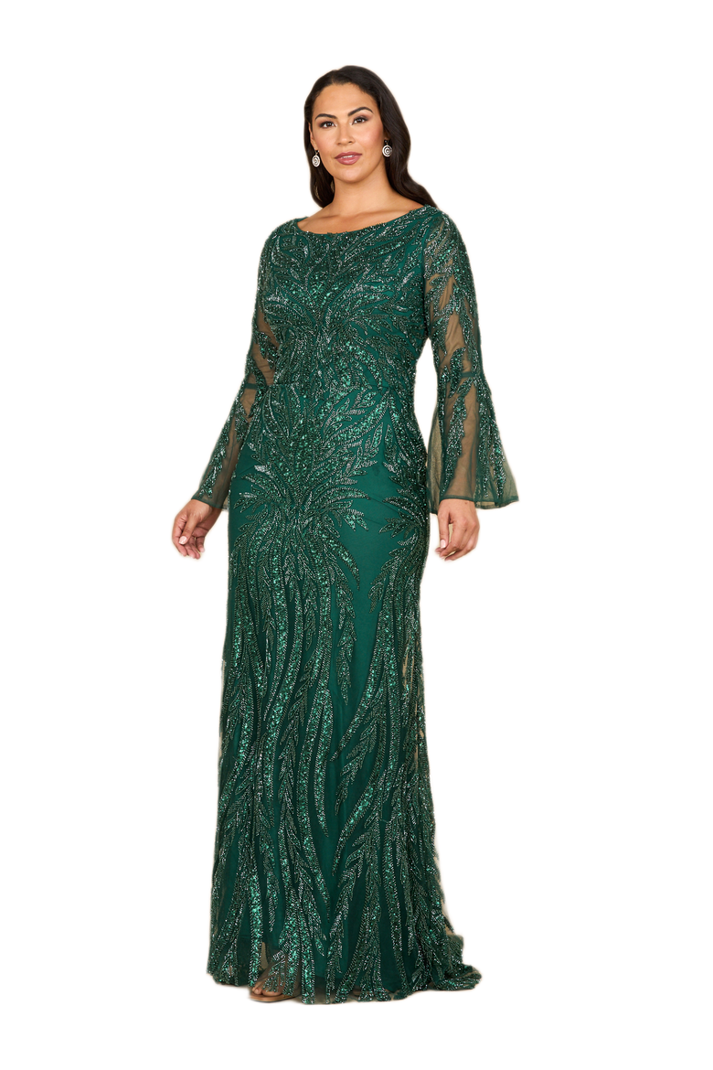 High Neck Beaded Dress with Bell Sleeves, Alternate, color, Dark Green