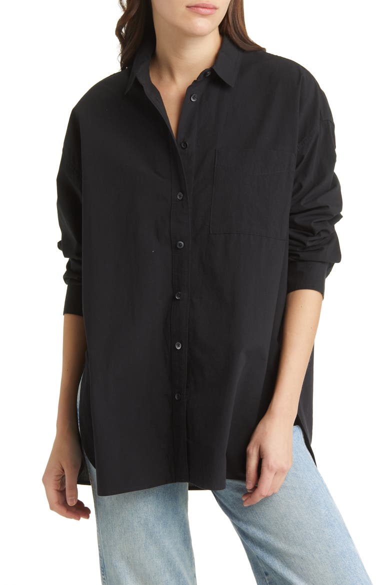 The Signature Poplin Oversize Button-Up Shirt, Main, color, TRUE BLACK