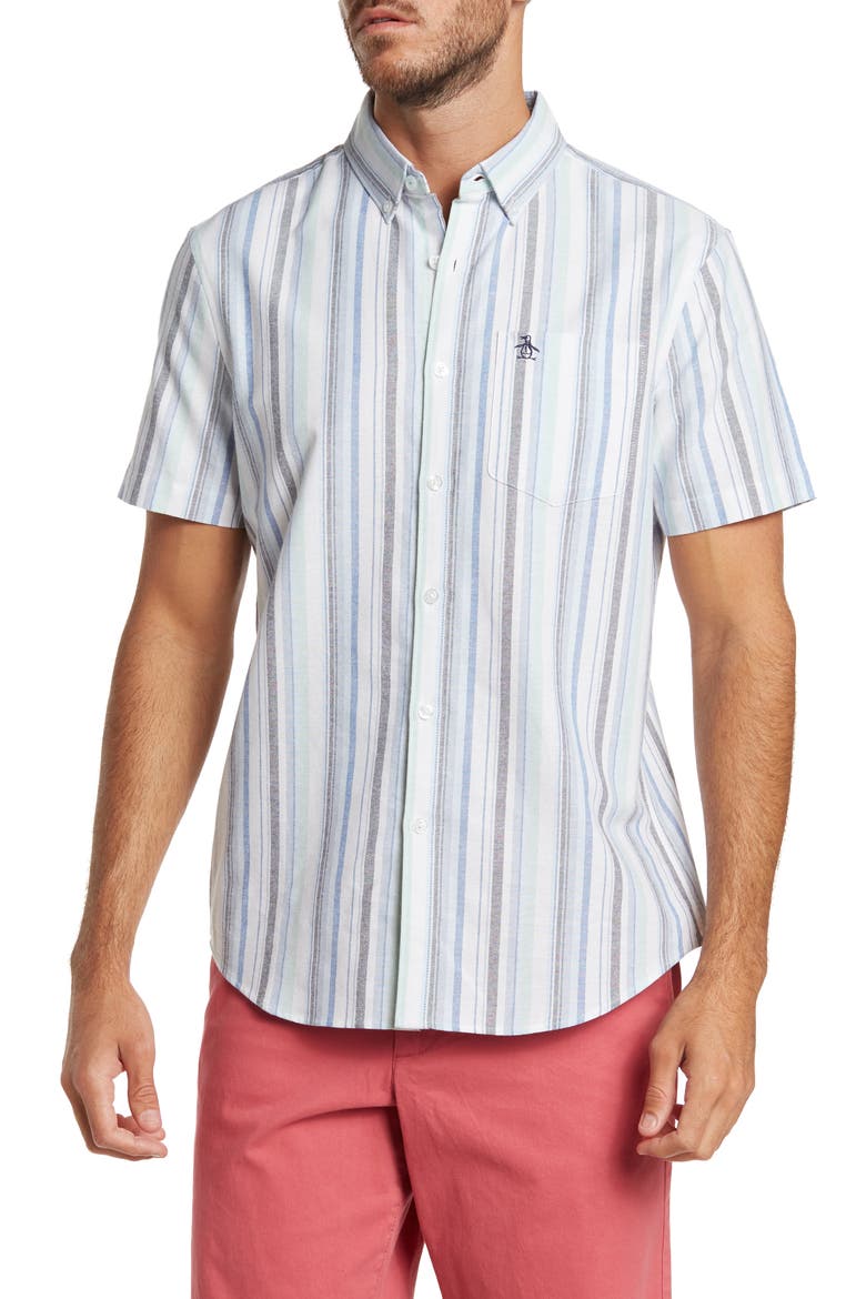 Vertical Stripe Short Sleeve Button-Up Shirt, Main, color, LICHEN