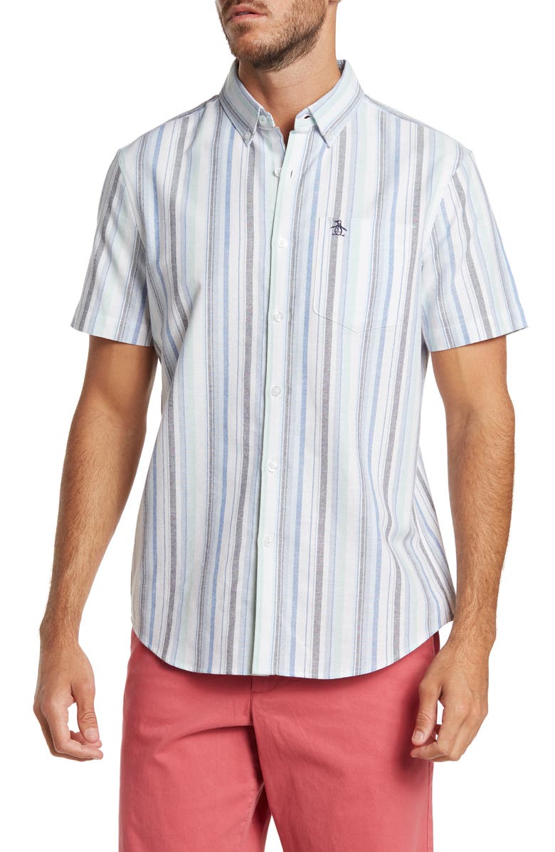 Original Penguin Vertical Stripe Short Sleeve Button-Up Shirt, Main, color, Lichen