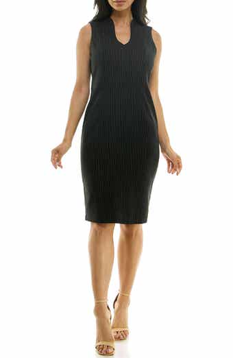 Nina Leonard Pinstripe U Neck Sleeveless Midi Sheath Dress