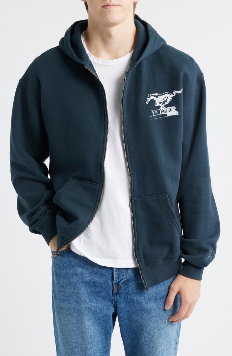 ONE OF THESE DAYS Ford Mustang Cotton Graphic Zip-Up Hoodie, Main, color, Washed Black