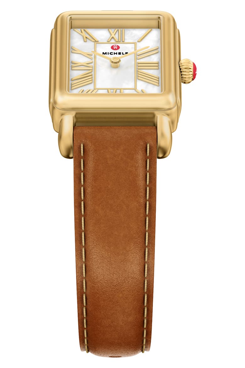 Deco Park Mother-of-Pearl Leather Strap Watch, 23mm x 29mm, Alternate, color, BROWN / GOLD