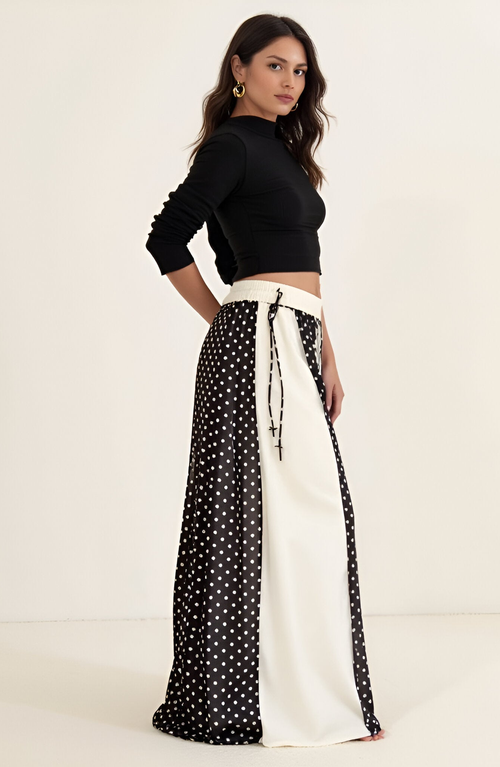 Modenaire Polka Dot Overlay Contrast Panel Side-tie Maxi Skirt In Black