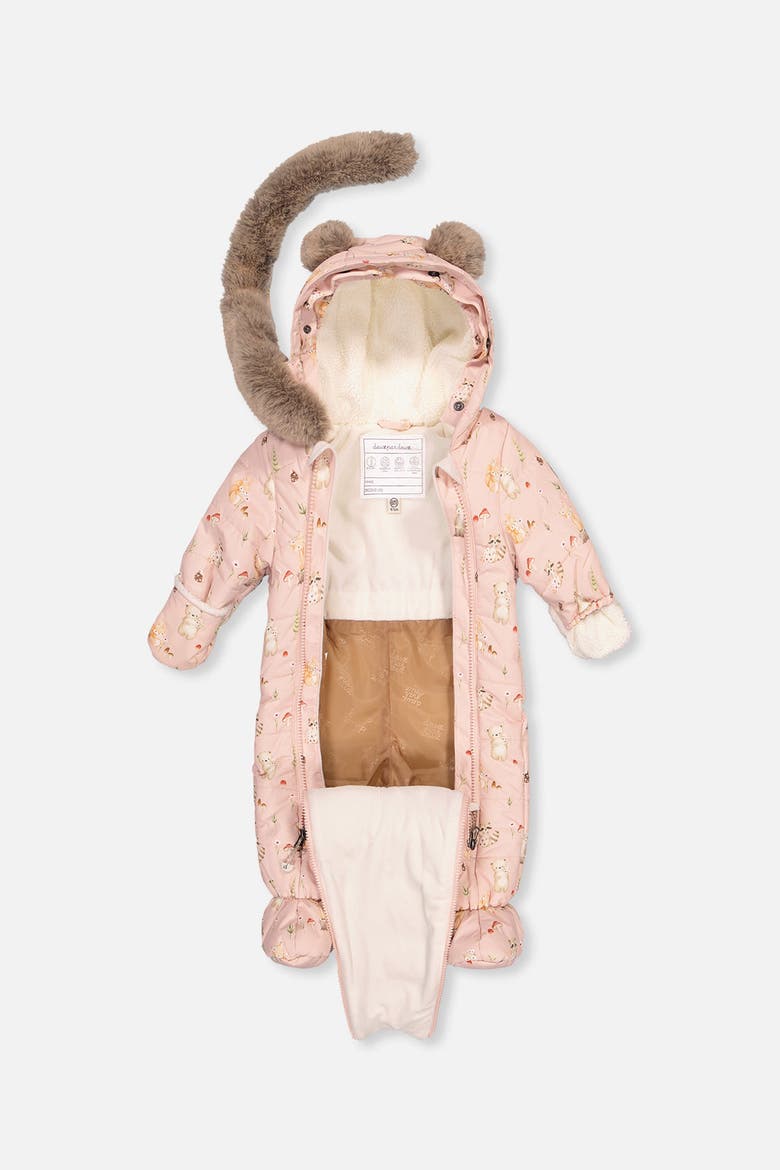 Woodland Creatures One Piece Romper & Neckwarmer Snowsuit, Alternate, color, Pink Animal Print