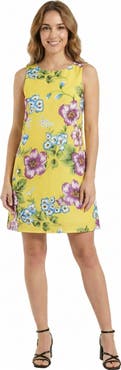 24seven Comfort Apparel Essential Petite Floral Round Neck Sleeveless A-Line Mini Shift Dress