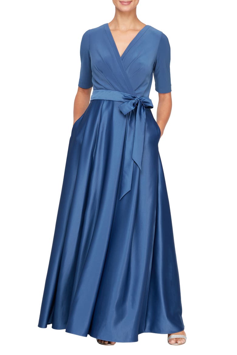 Mixed Media Surplice A-Line Gown, Main, color, WEDGEWOOD