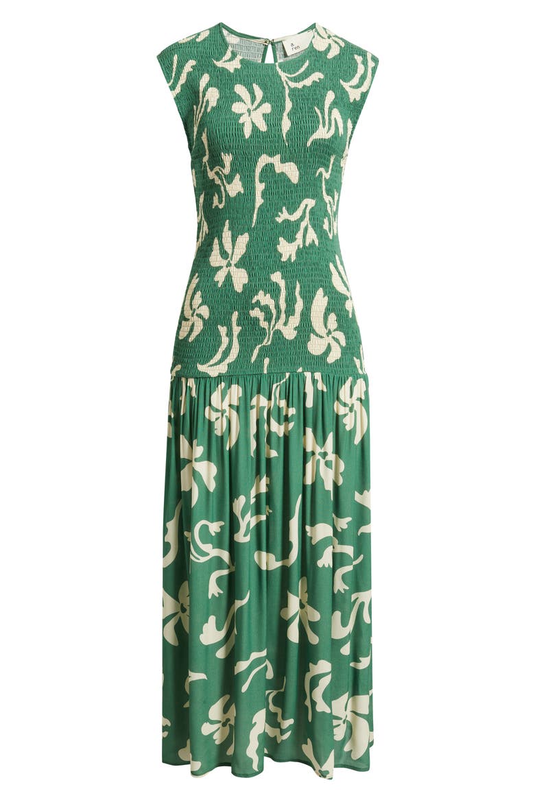 Leilani Floral Smock Bodice Maxi Dress, Alternate, color, GREEN