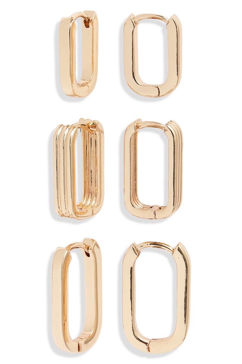 Set of 3 Rectangle Huggie Hoop Earrings, Main, color, GOLD