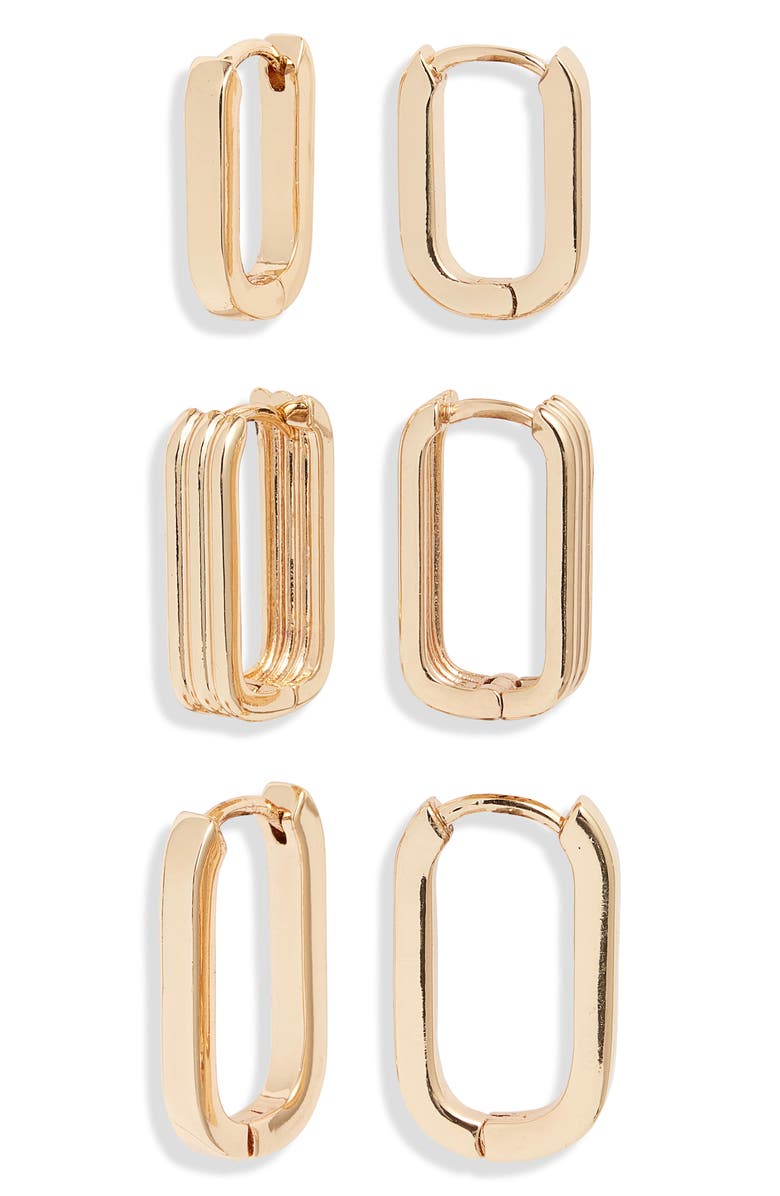 Open Edit Set of 3 Rectangle Huggie Hoop Earrings, Main, color, Gold