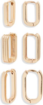 Open Edit Set of 3 Rectangle Huggie Hoop Earrings