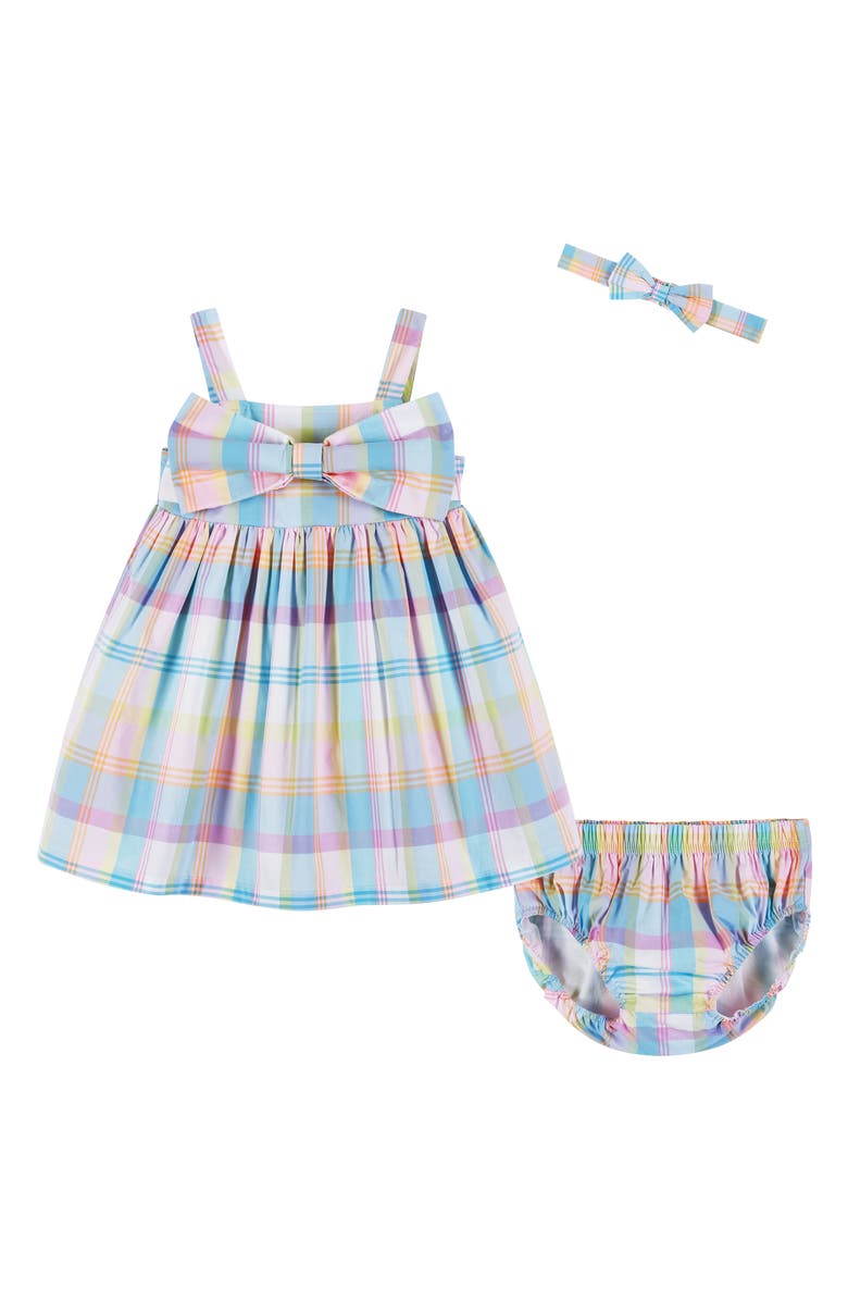 Andy & Evan Plaid Cotton Sundress, Bloomer & Headband Set, Main, color, Blue Plaid
