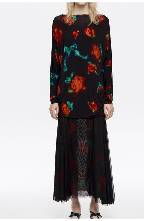 Ribbon Roses Gathered Dress With Tulle Skirt