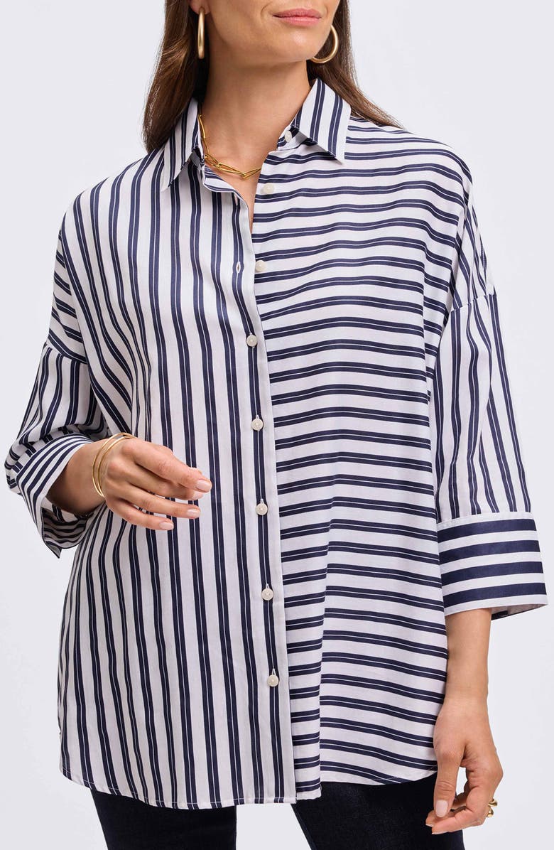 Foxcroft Avery Stripe Tie Waist Tunic Shirt, Main, color, Navy/ White