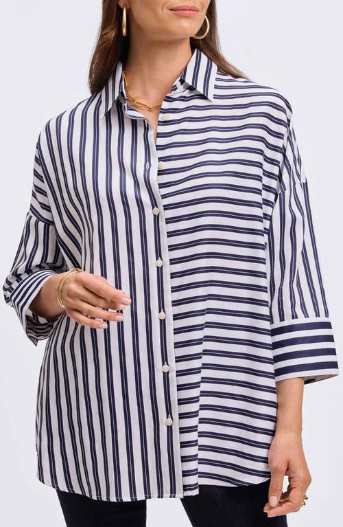 Foxcroft Avery Stripe Tie Waist Tunic Shirt In Blue