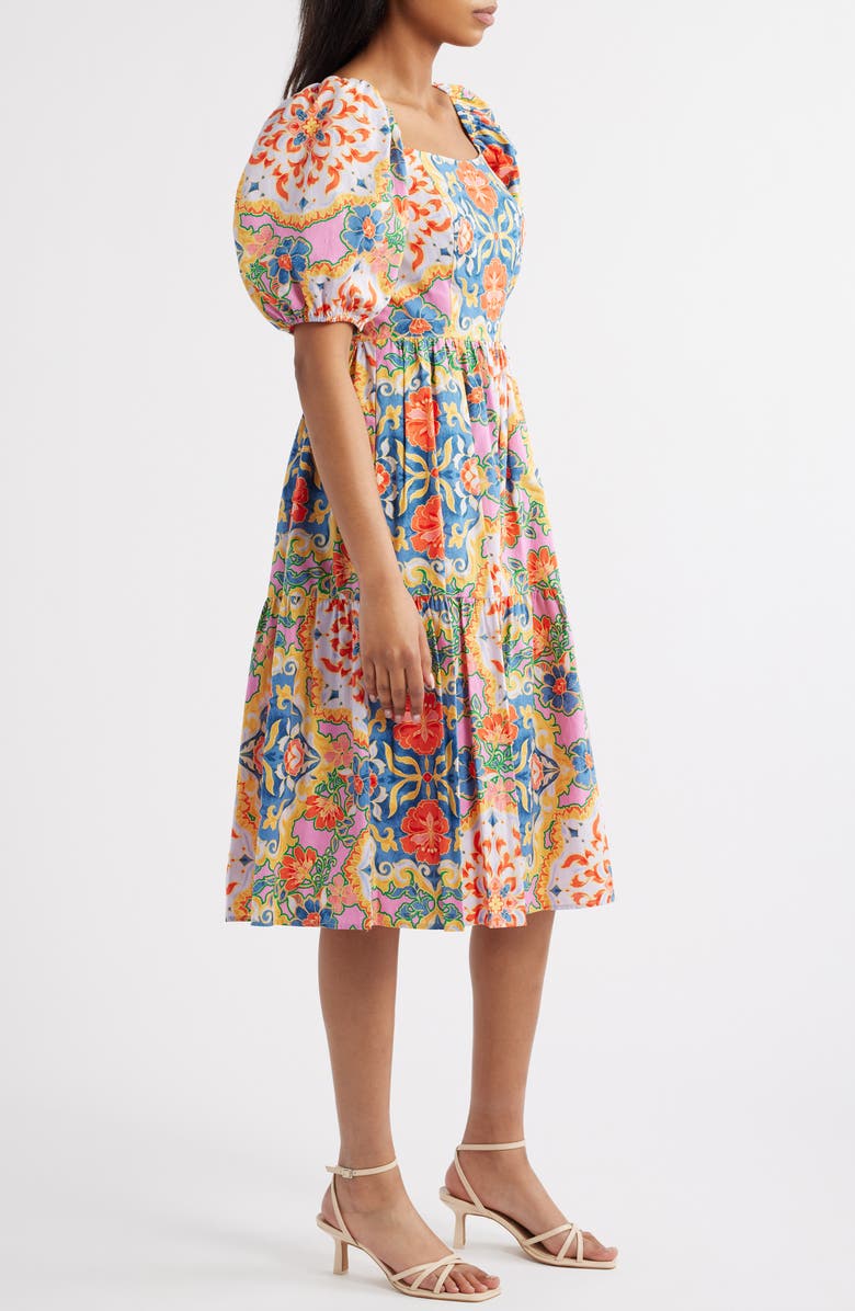 Vince Camuto Print Square Neck Puff Sleeve Midi Dress, Alternate, color, Blue Multi