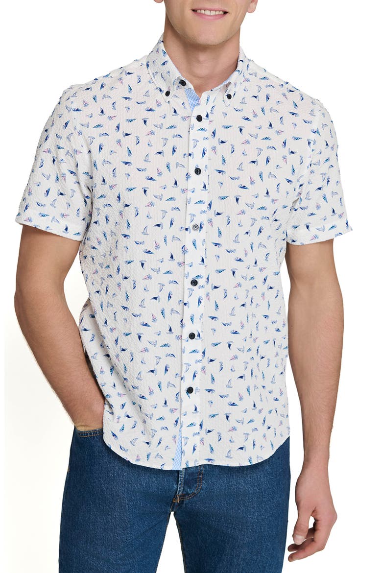 Sailboat Print Short Sleeve Seersucker Button-Up Shirt, Main, color, WHITE/ BLUE/ PINK