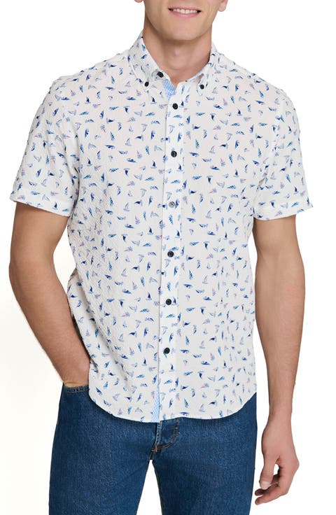 Sailboat Print Short Sleeve Seersucker Button-Up Shirt