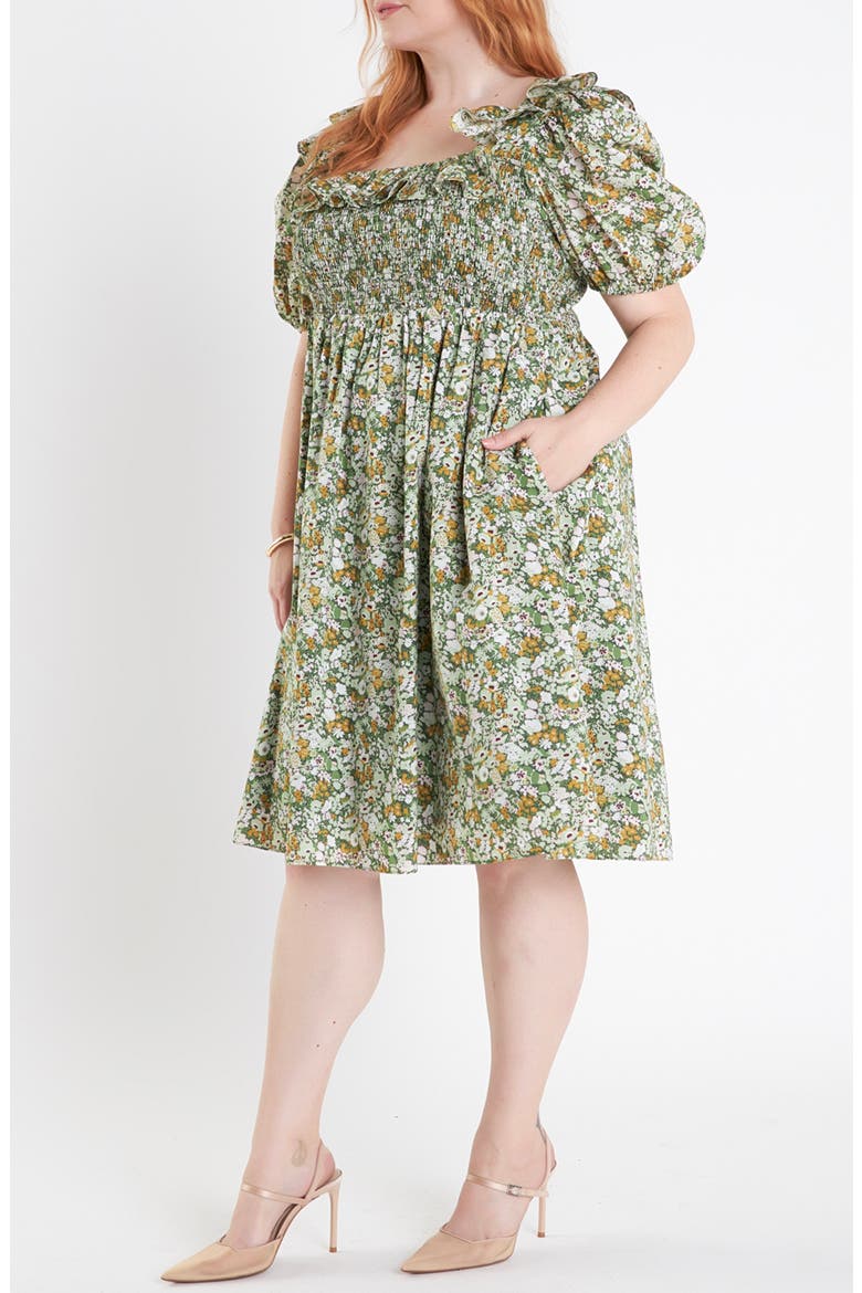 Smocked Puff Sleeve Floral Cotton Dress, Alternate, color, GREEN MULTI