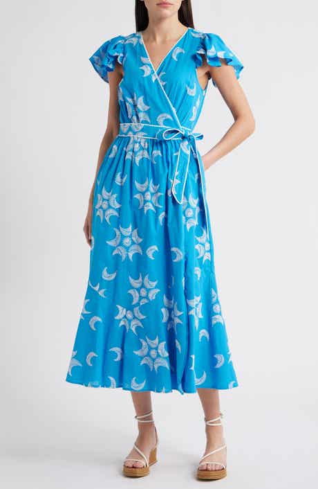 CIEBON Evelyn Embroidered Side Tie Cotton Wrap Dress