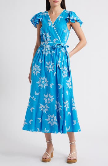 Ciebon Evelyn Embroidered Side Tie Cotton Wrap Dress In Blue