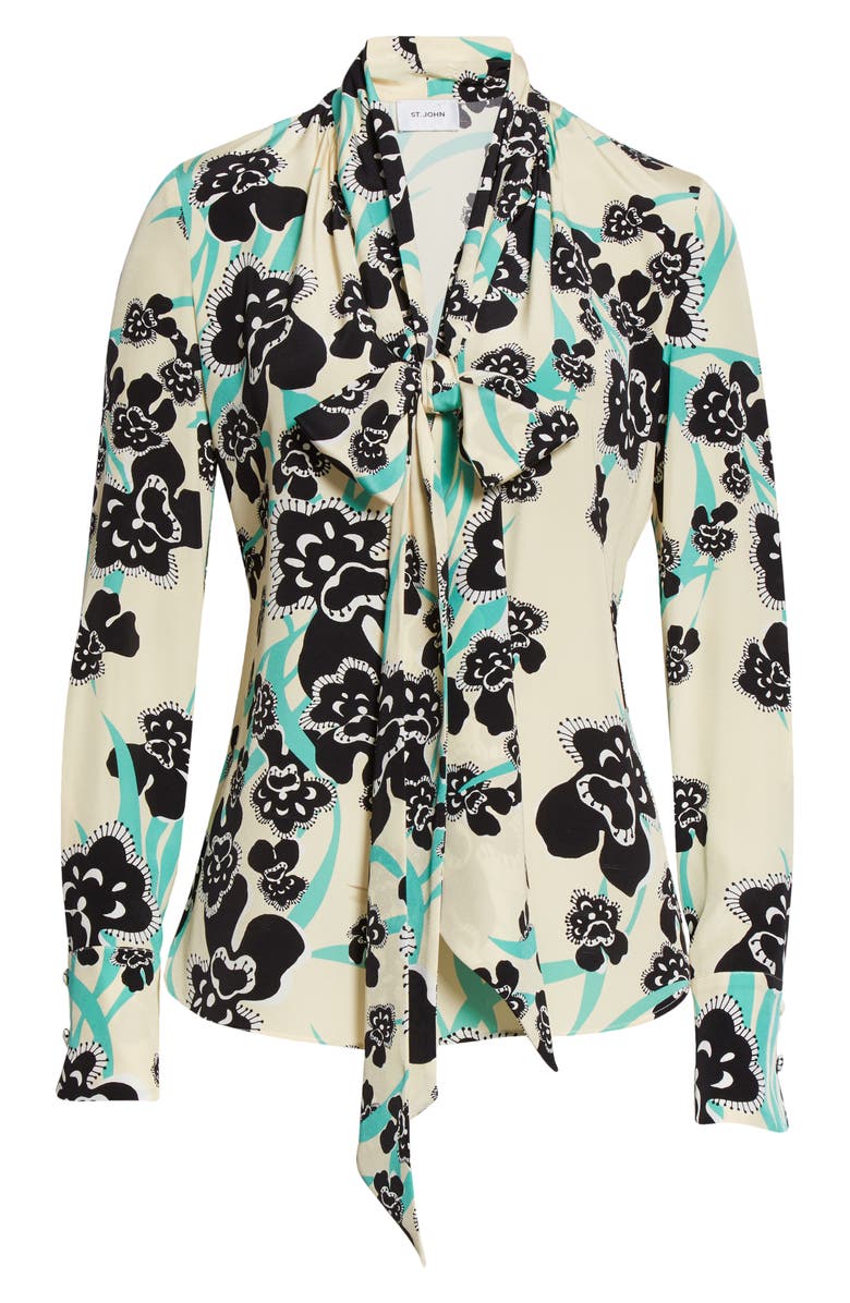 St. John Collection Floral Print Tie Neck Silk Blouse, Alternate, color, 