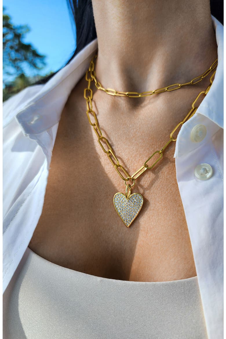 Crystal Pavé Heart Pendant Oval Link Chain Necklace, Alternate, color, GOLD