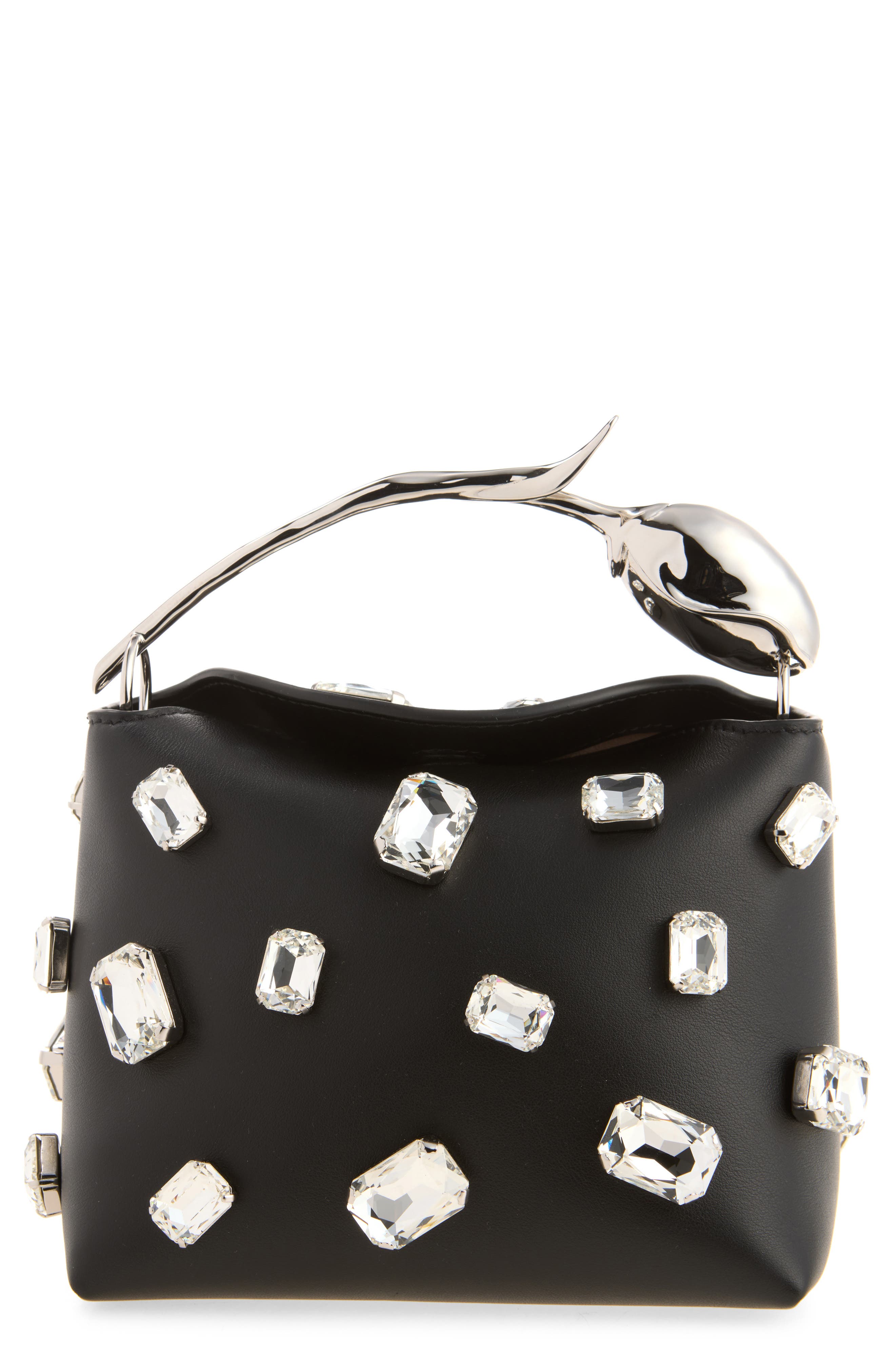 Mini Bloom Crystal Embellished Leather Handbag, Main, color, BLACK
